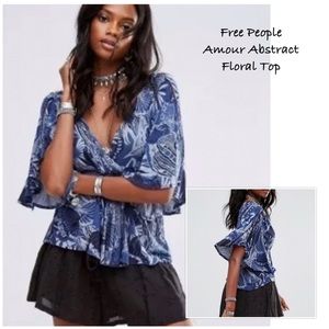 FREE PEOPLE Amour Abstract Multi Blue Cold shoulder Top NWT Size XS